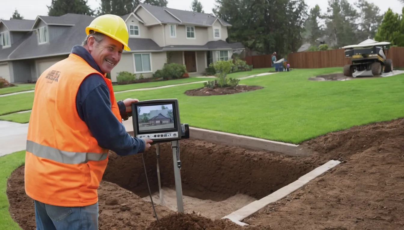 A local provider and a homeowner reviewing a sewer line camera inspection on a monitor in a Lake Forest yard